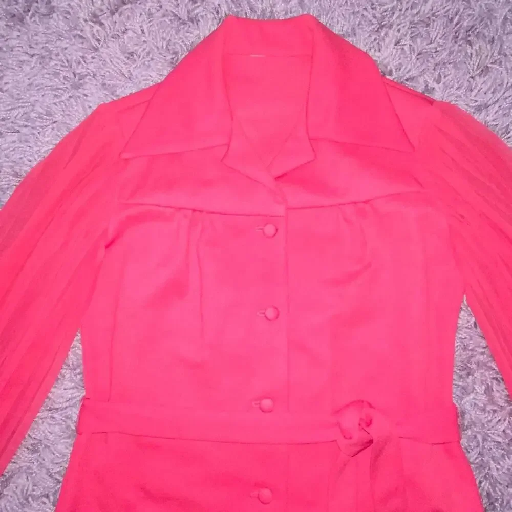 M Hot Pink VTG Button Up Long Sheer Sleeve Fitted Blazer Shirt Dress Pleated Top